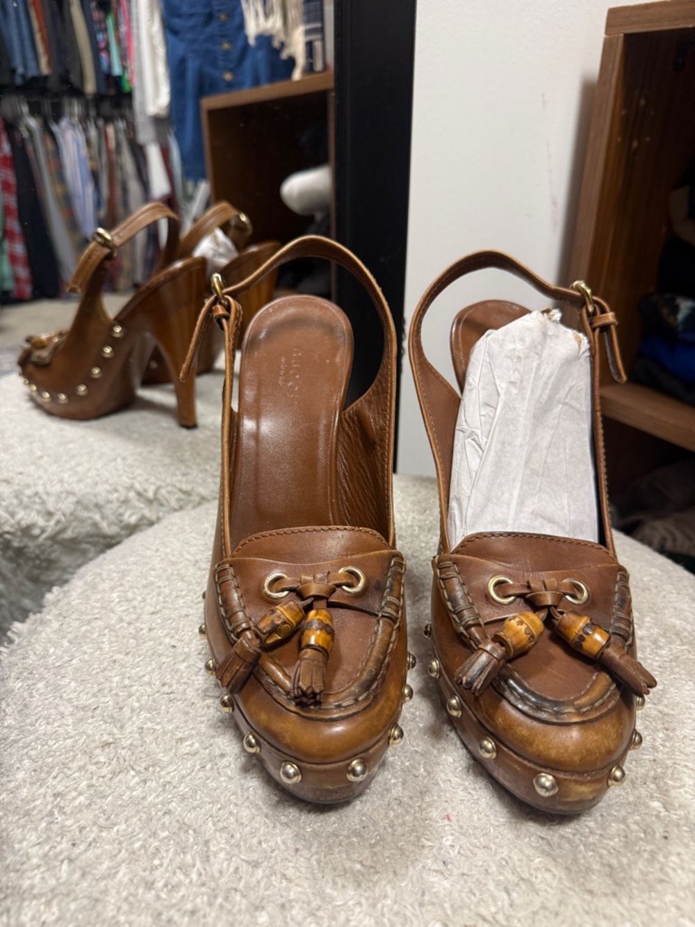 GBrown Leather Slingback Platform Pumps with Tassel Detail